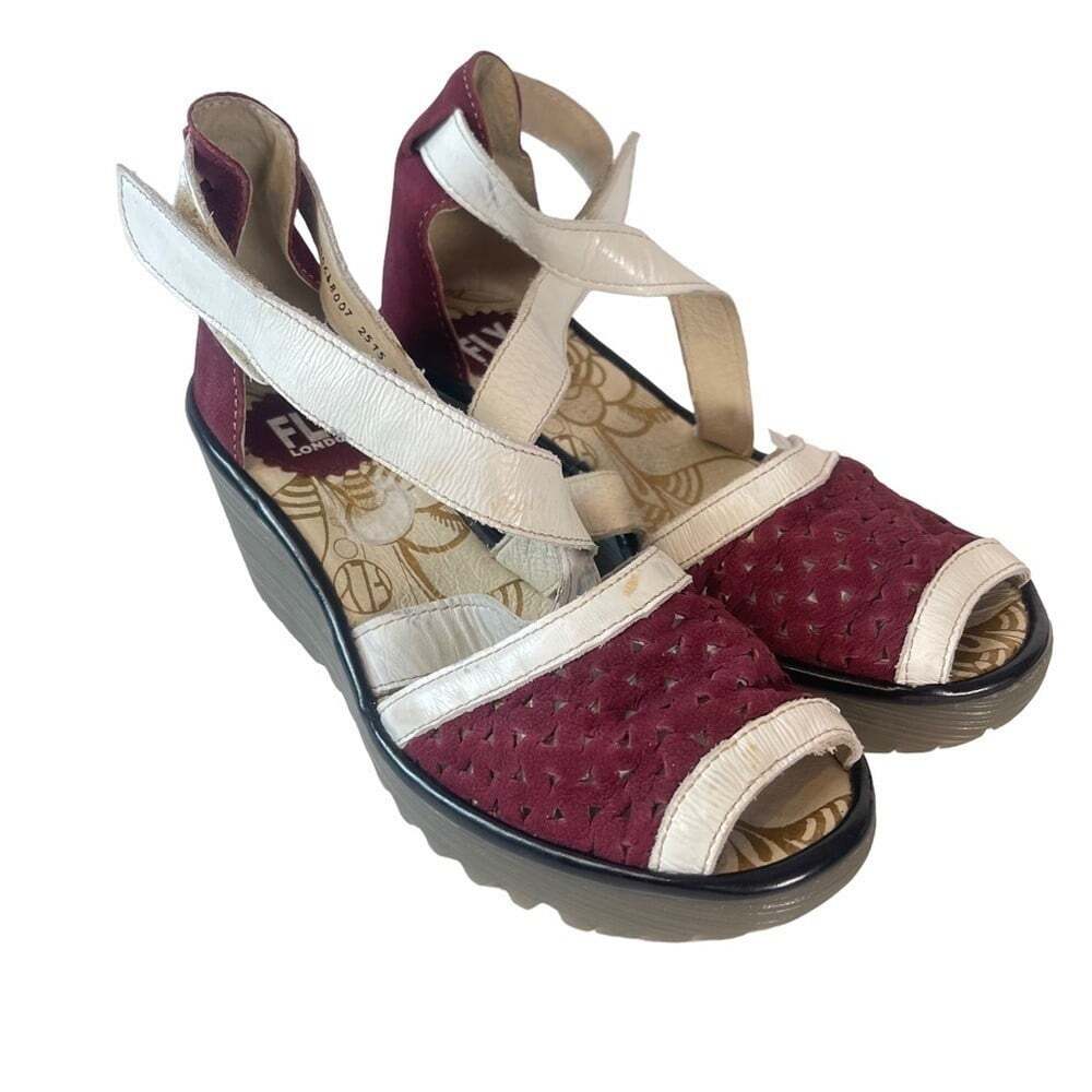 Fly London Womens Ynes Wedge Sandals Perforated Leather Comfort EU 37